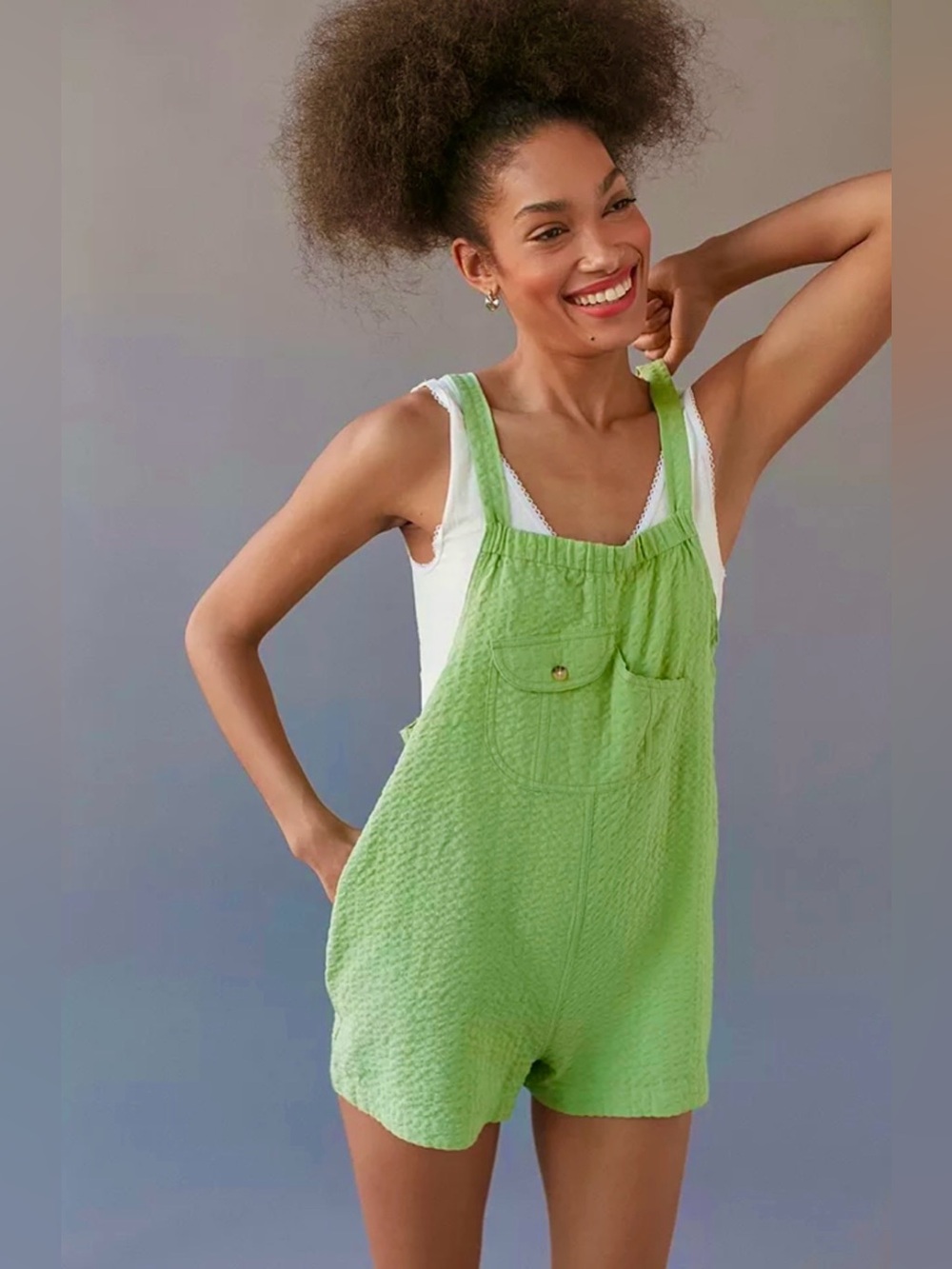 Urban Outfitters UO Chelsea Dungarees Green Seersucker Shortalls Romper NWT S